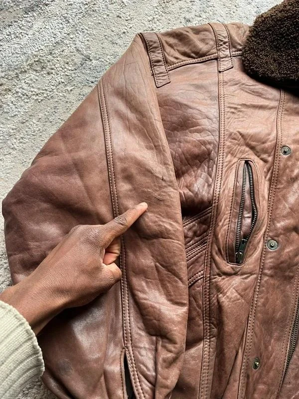 Vintage 90s Flight Aviator Mens Brown Sheepskin Collar Leather Bomber Jacket Siz – photo 6